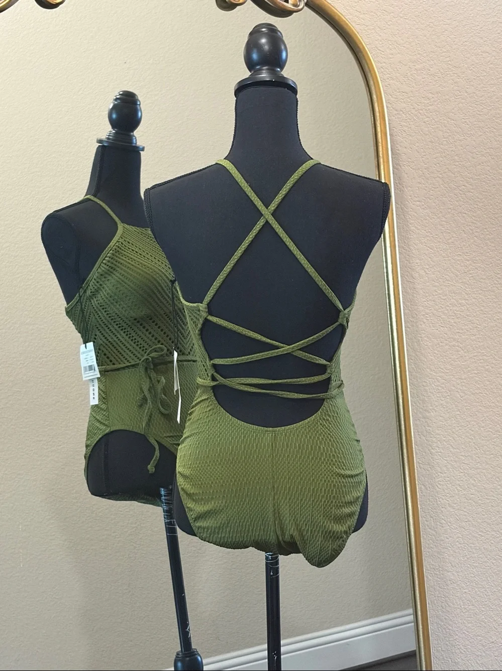 Robin Poccone Chic Green Crochet One-Piece Swimsuit Size 10